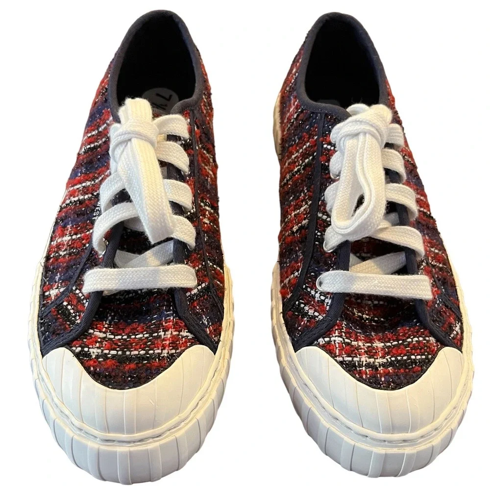Nine West Sneakers Womens 7.5M Red Blue Plaid Lace Up Casual Deck Shoes